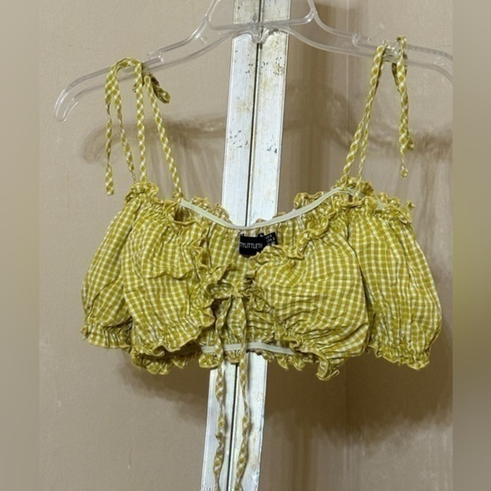 PRETTYLITTLETHING YELLOW/WHITE GINGHAM CROP TOP SZ 2